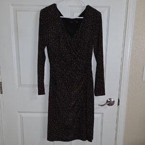 Lauren Ralph Lauren Black Dress with Brown Speckle Print - Long Sleeve Faux Wrap